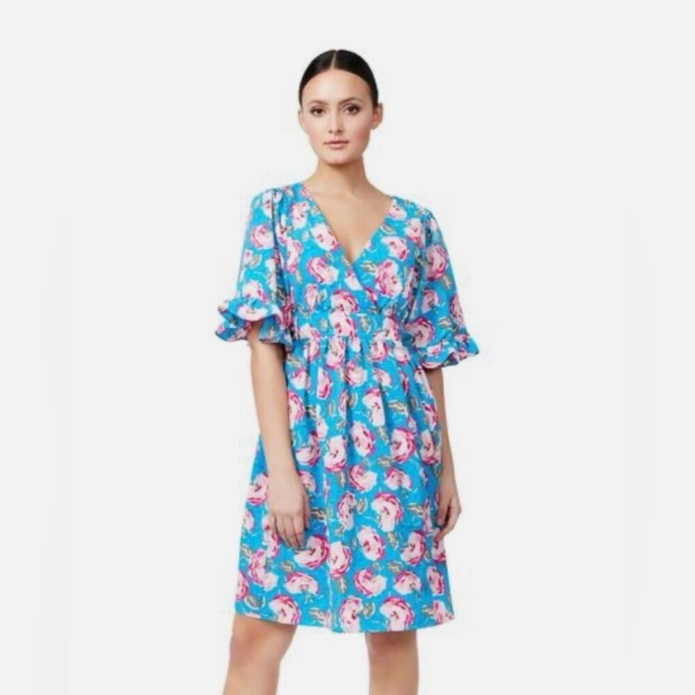 BETSEY JONSON WOMEN SZ 8 VINTAGE ROSE BELL SLEEVE WRAPPED DRESS BLUE MULTI